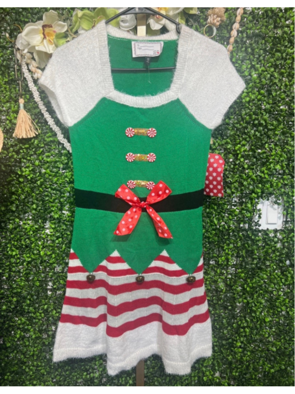 With Love, Derek Christmas Elf Peppermint sweater Mini Dress size Medium